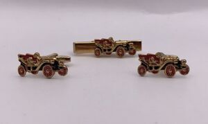 Foster Antique Car Model T Gold Tone Cufflinks Tie Clip Set Vintage